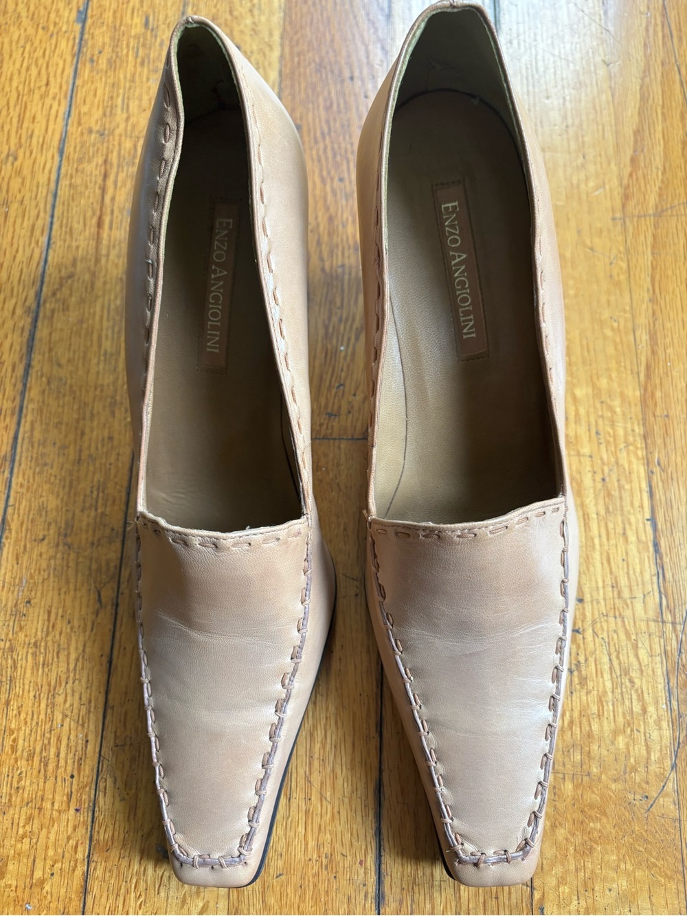 Enzo Angiolini tan leather wedge loafers with contrast whipstitching